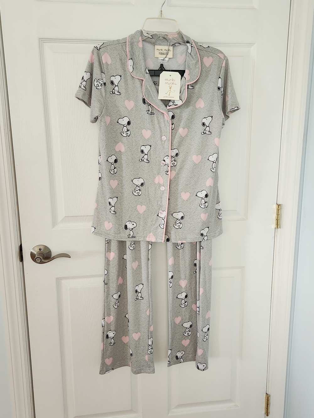 munki munki Gray Snoopy & Pink Heart Short Sleeve Pajama Set
